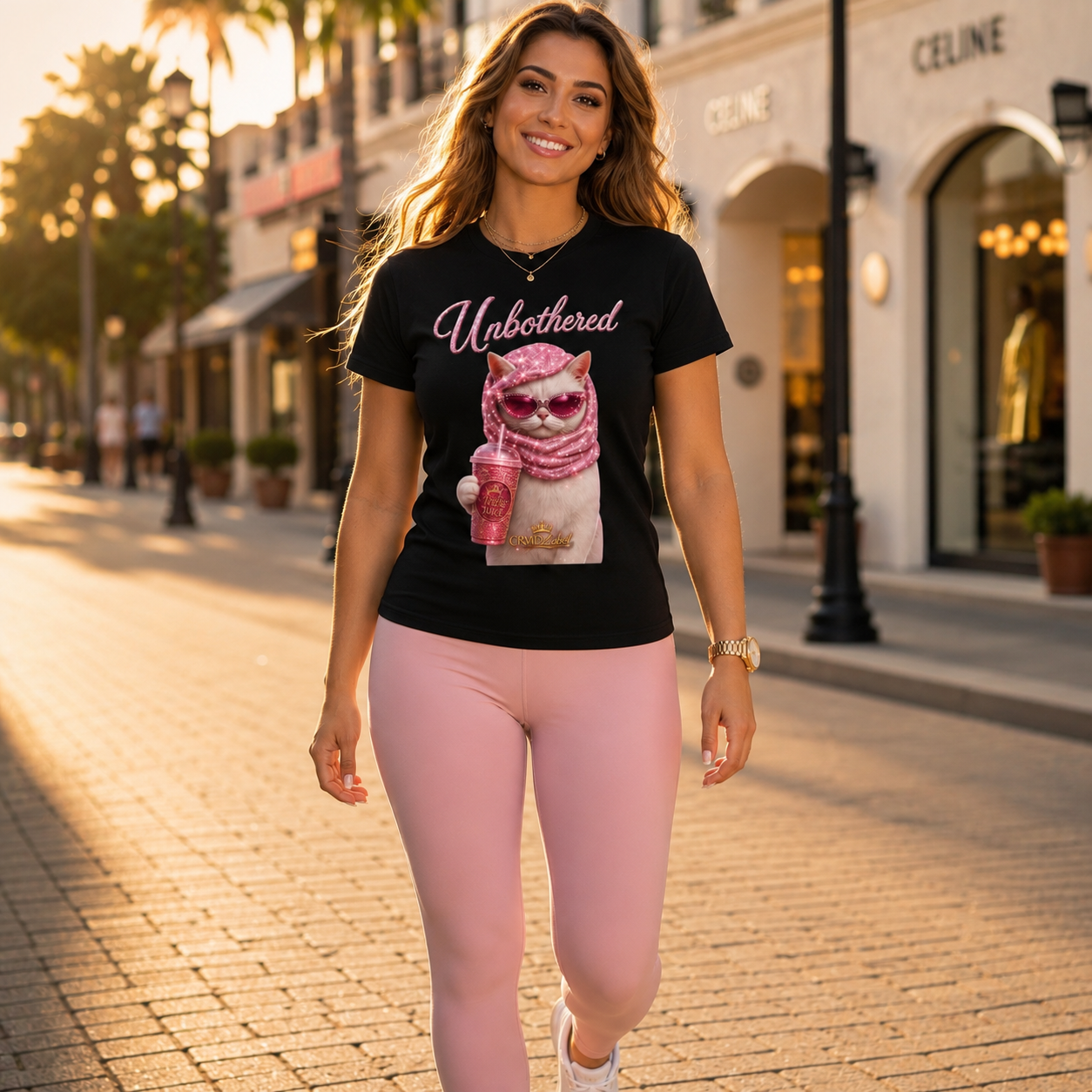 Unbothered Cat Tee — Women’s Cute Pink Coffee Graphic Shirt