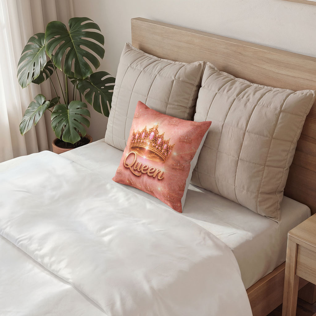 Queen Crown Poly Velvet Pillow — Pink Sparkle Decorative Throw Pillow