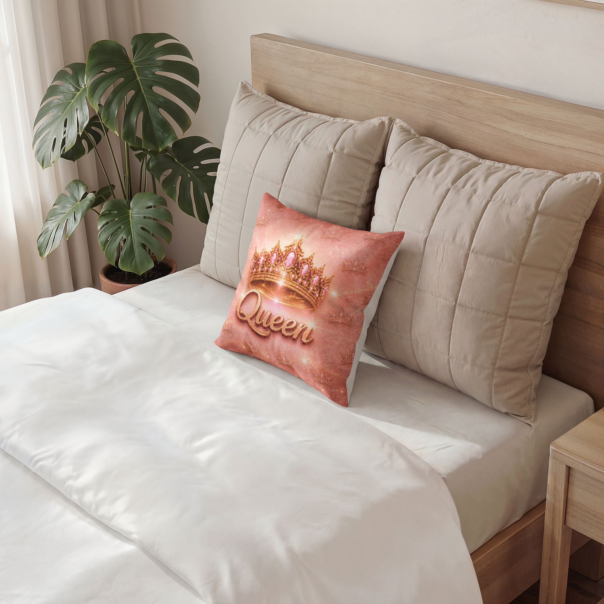Queen Crown Poly Velvet Pillow — Pink Sparkle Decorative Throw Pillow