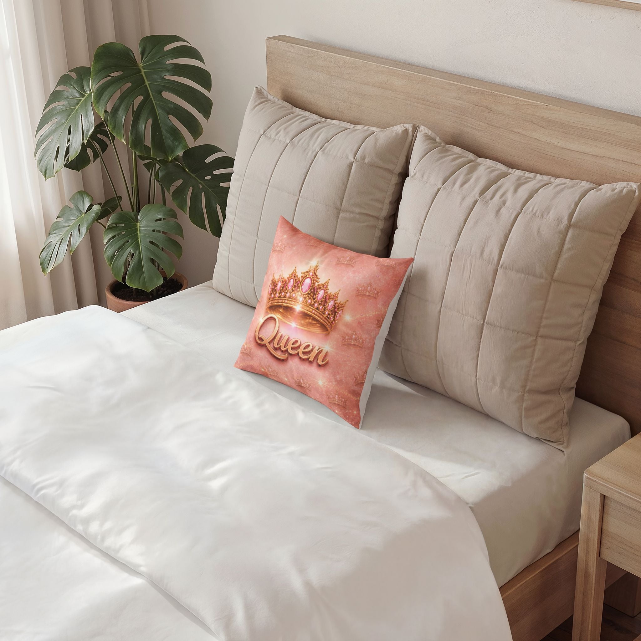 Queen Crown Poly Velvet Pillow — Pink Sparkle Decorative Throw Pillow