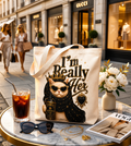 “I’m Really Her” Cat Tote Bag – Pink Cute Coffee Cat AOP Tote